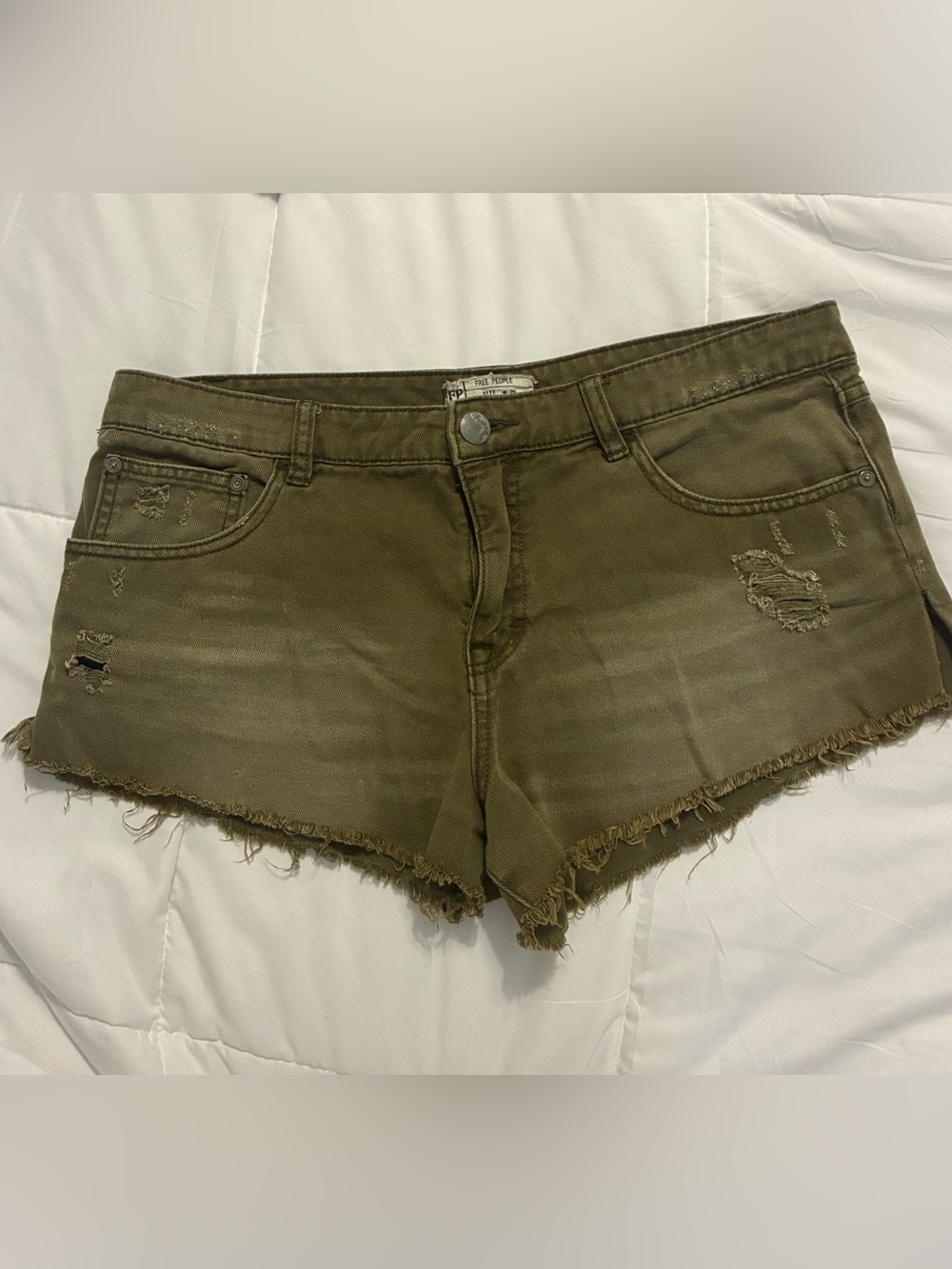 FP  Free People Army Green  Zip UpDistressed Cut Off Denim Jean Shorts Size 29